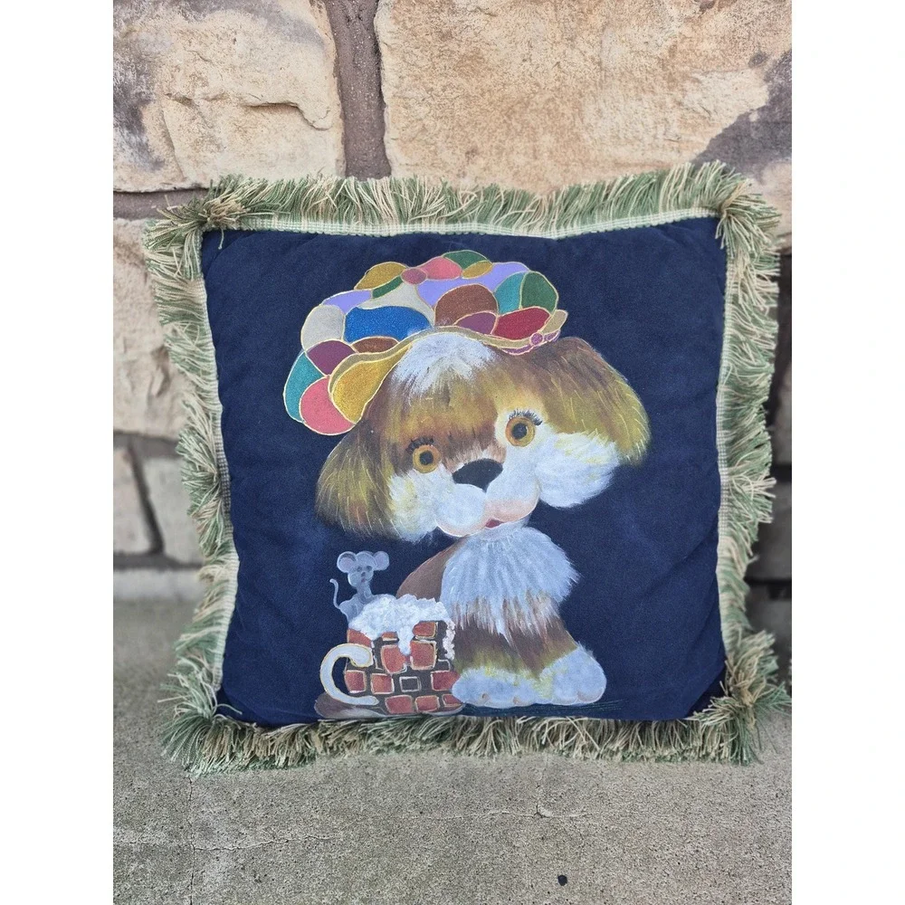 Large Vintage Hand Painted Beer Dog Throw Pillow Set Boy Girl Pair Irish Gift